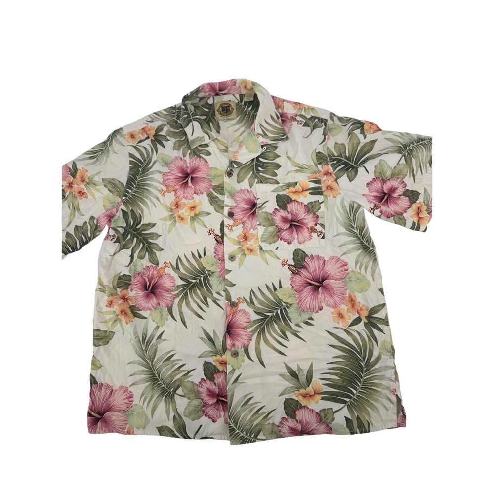 Pusser's West Indies Hawaiian Shirt Mens Medium White Pink‎ Silk Cotton Floral